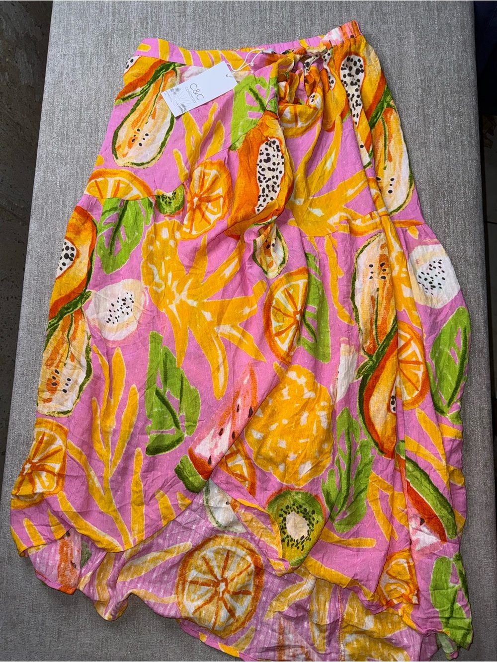 C&C California Tropical Fruit Print Wrap Midi Skirt NWT